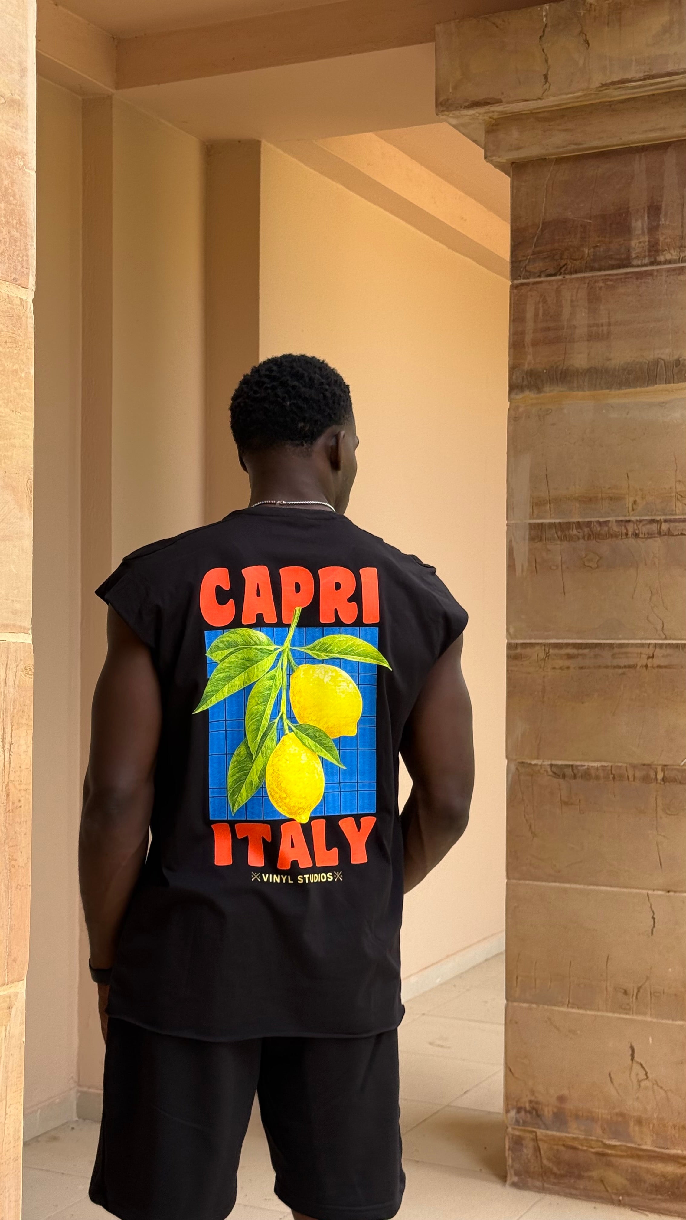 Vinyl sleeveless tee with logo black cotton oversized - vinyl sleeveless tee capri italy