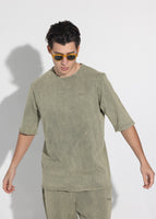 Vinyl μπλουζα με κέντημα χακι cotton oversized - premium washed tee