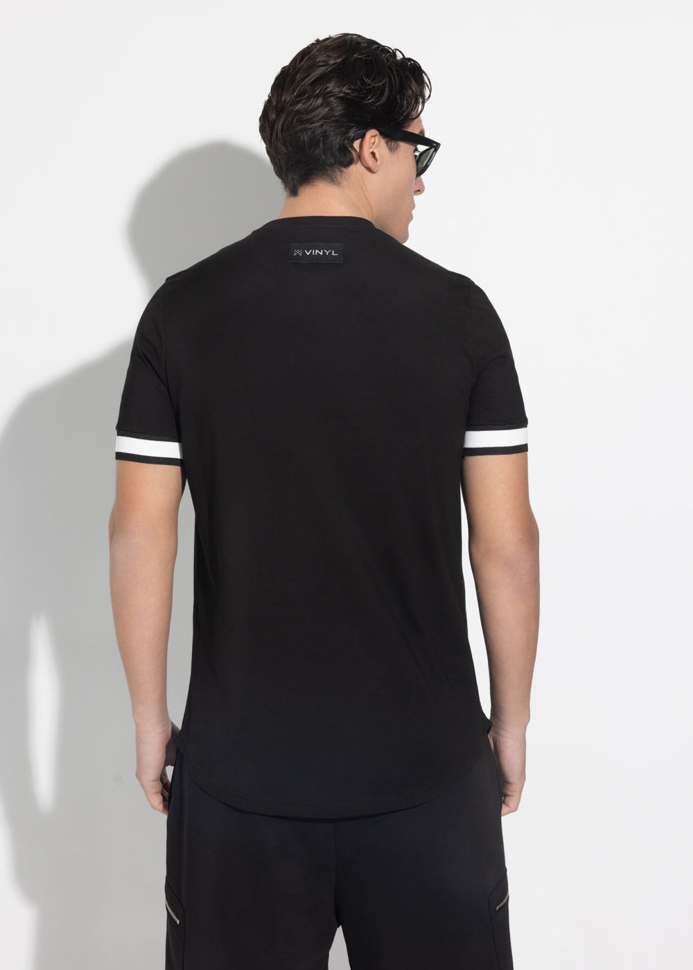 Vinyl μπλουζα με λαστιχο μαυρη cotton long line regular fit - t-shirt with elastic cuff