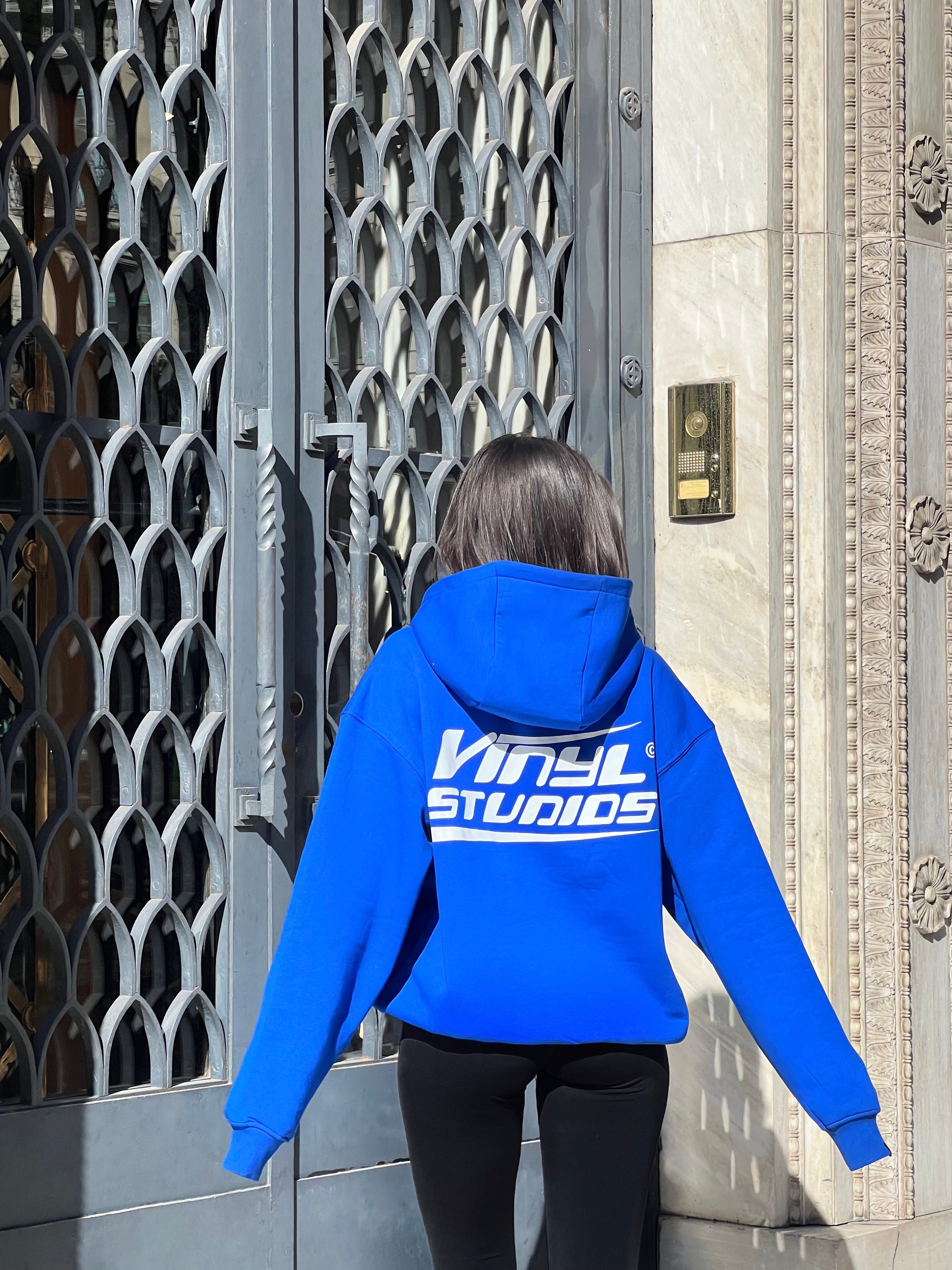 Vinyl φουτερ μπλε με τυπωμα cotton oversized - studios v beat hoodie
