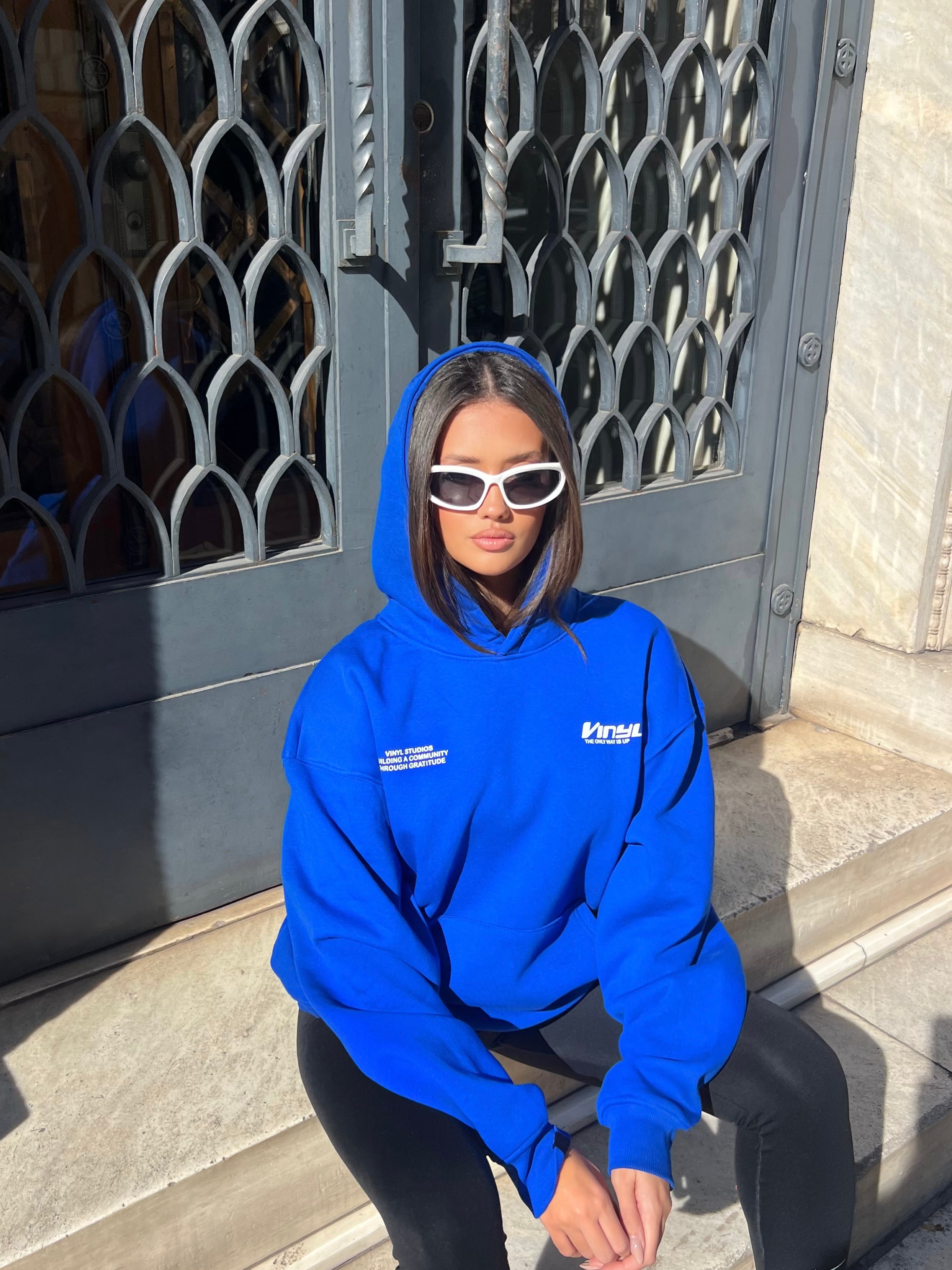 Vinyl φουτερ μπλε με τυπωμα cotton oversized - studios v beat hoodie