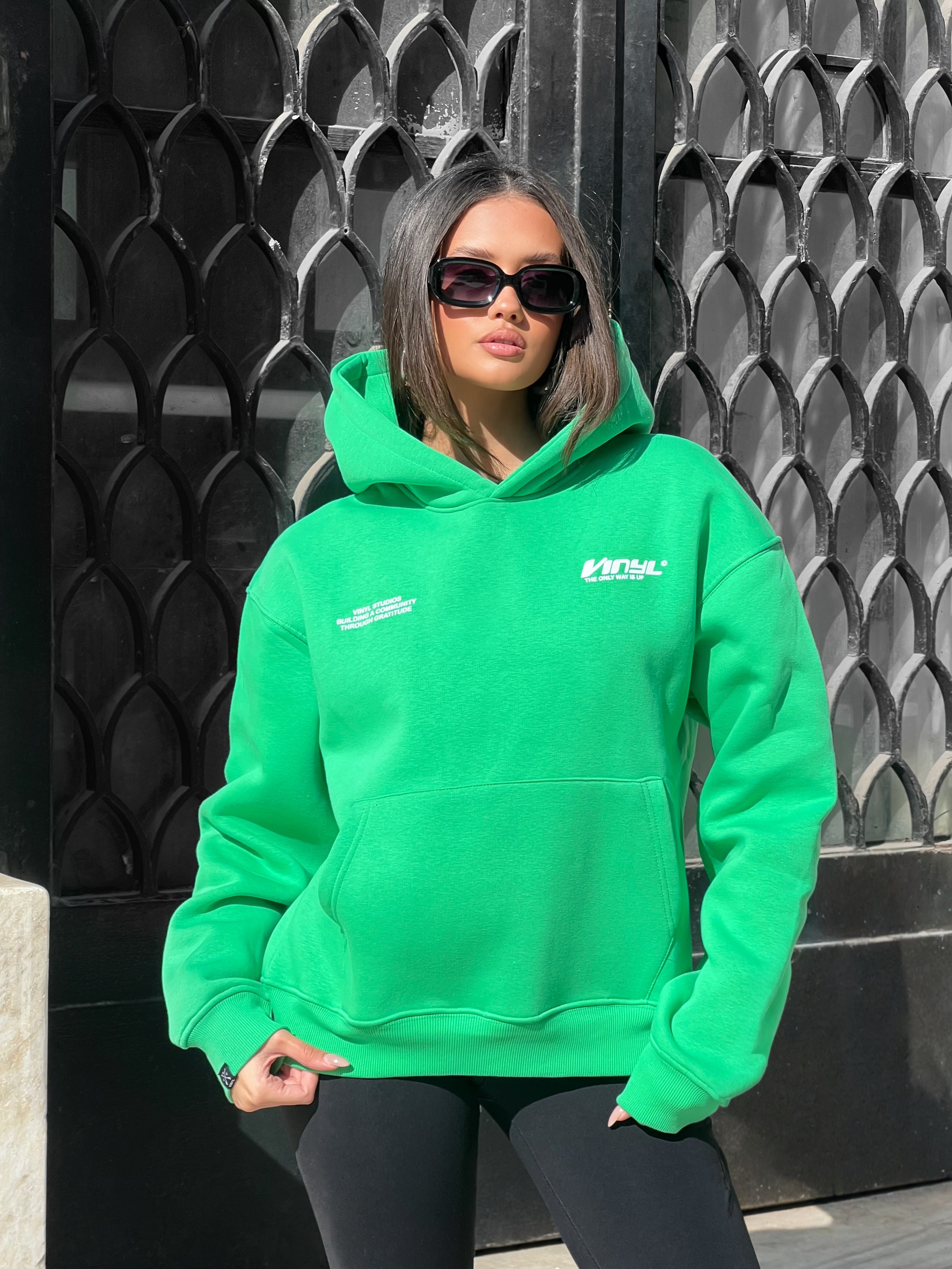 Vinyl φουτερ πρασινο με τυπωμα cotton oversized - studios v beat hoodie