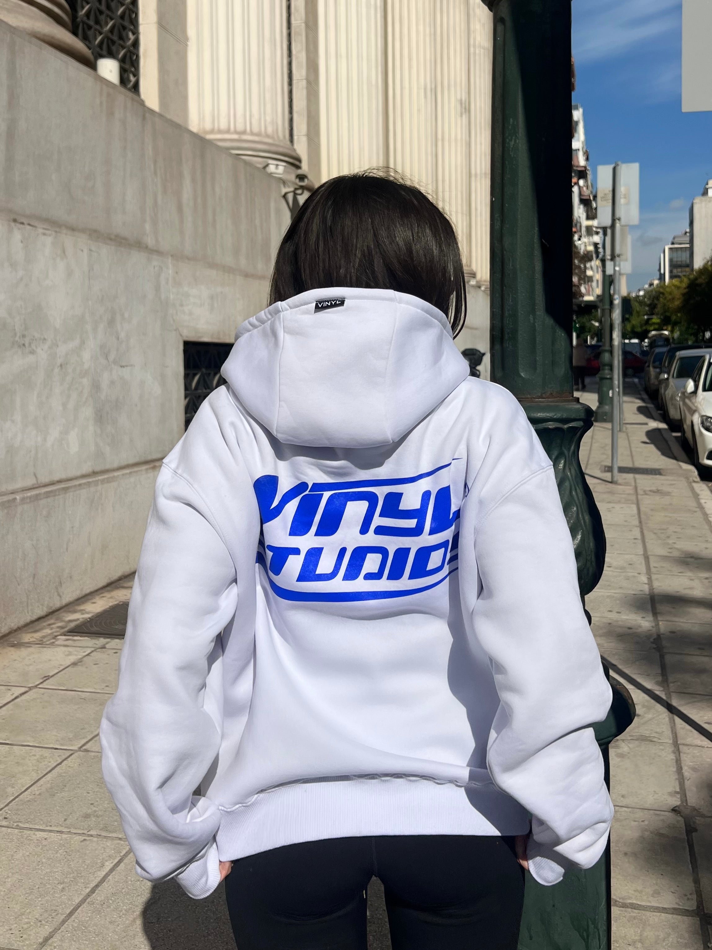 Vinyl φουτερ λευκο με τυπωμα cotton oversized - studios v beat hoodie
