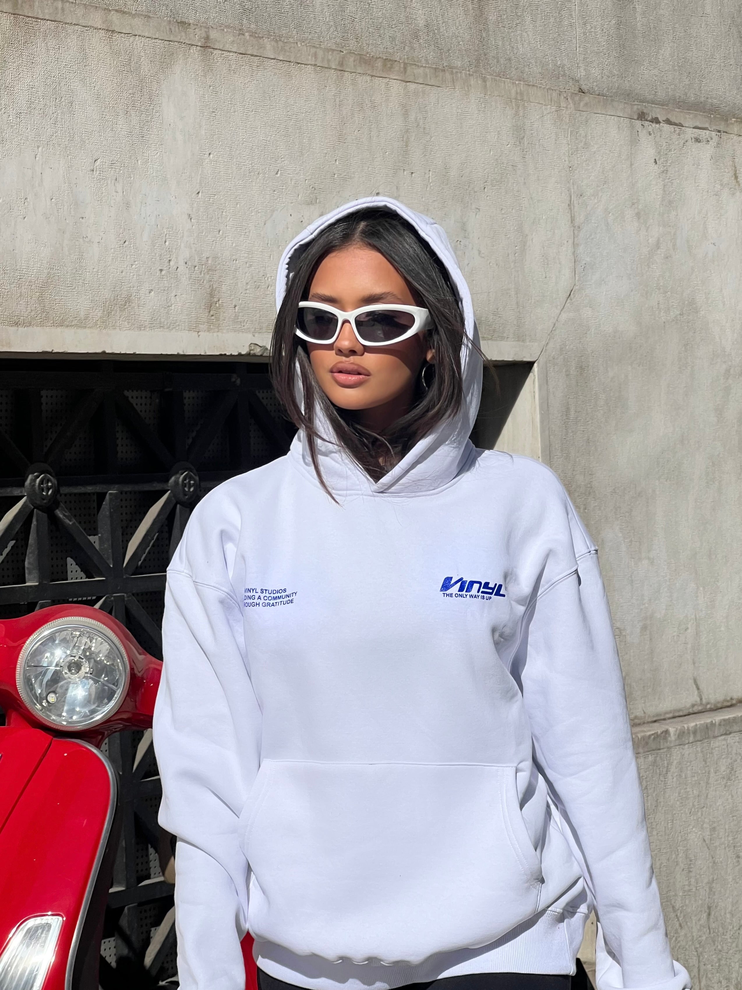 Vinyl φουτερ λευκο με τυπωμα cotton oversized - studios v beat hoodie