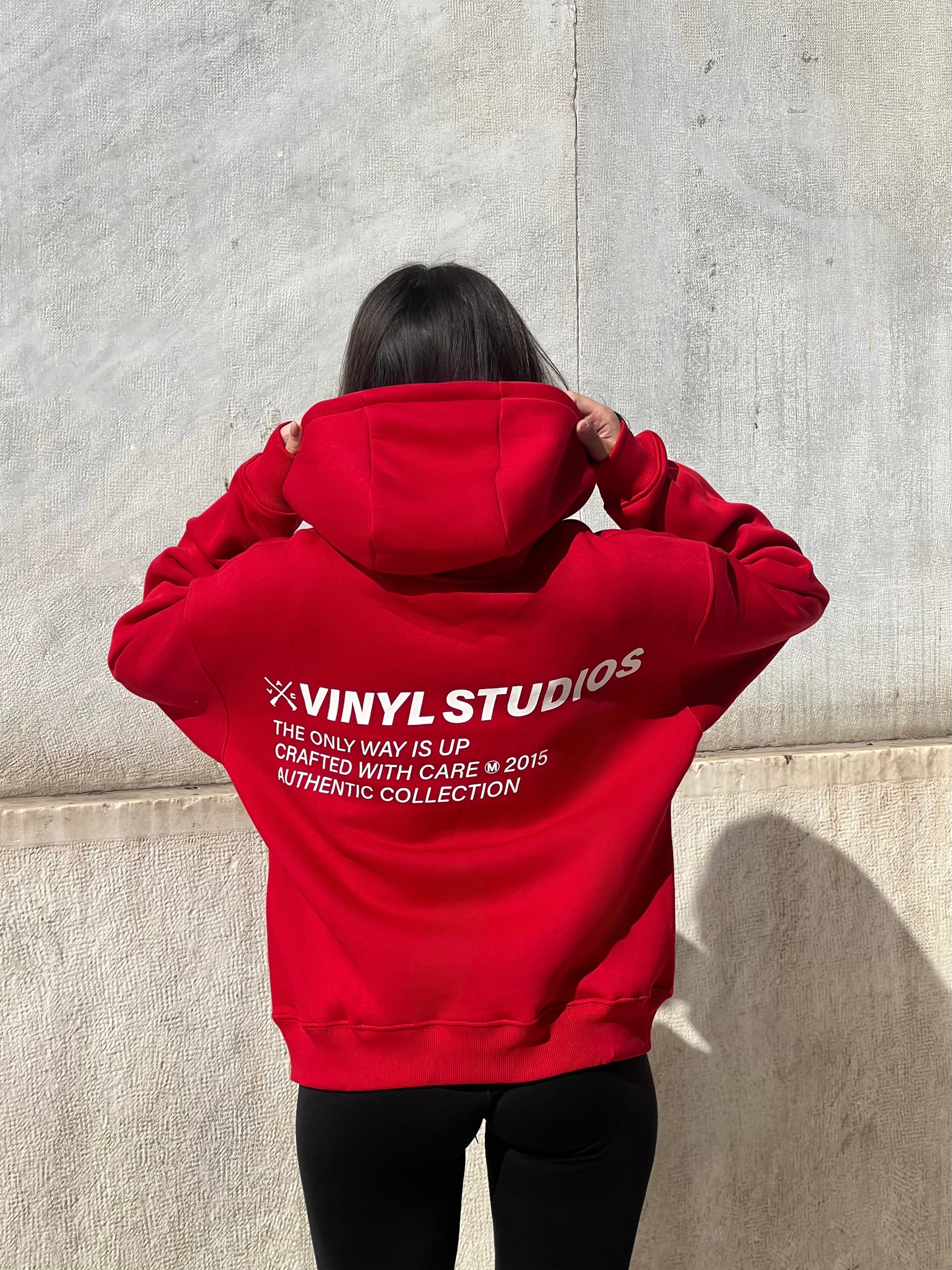 Vinyl φουτερ κοκκινο με τυπωμα cotton oversized - studios v legacy hoodie