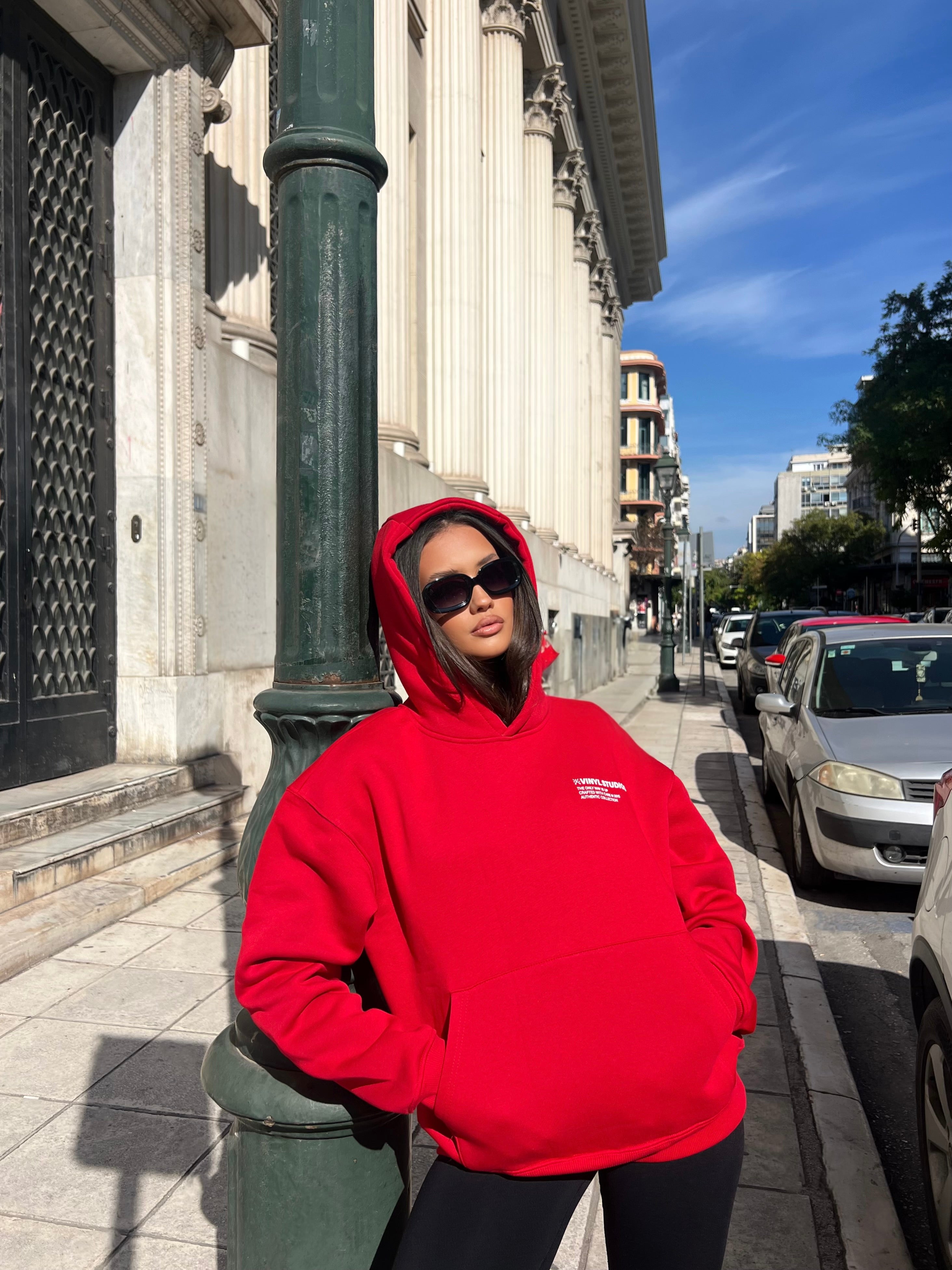 Vinyl φουτερ κοκκινο με τυπωμα cotton oversized - studios v legacy hoodie
