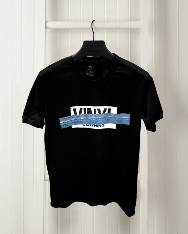 VINYL Μπλούζα κοντομάνικη denim logo μαύρη - T-shirt denim logo